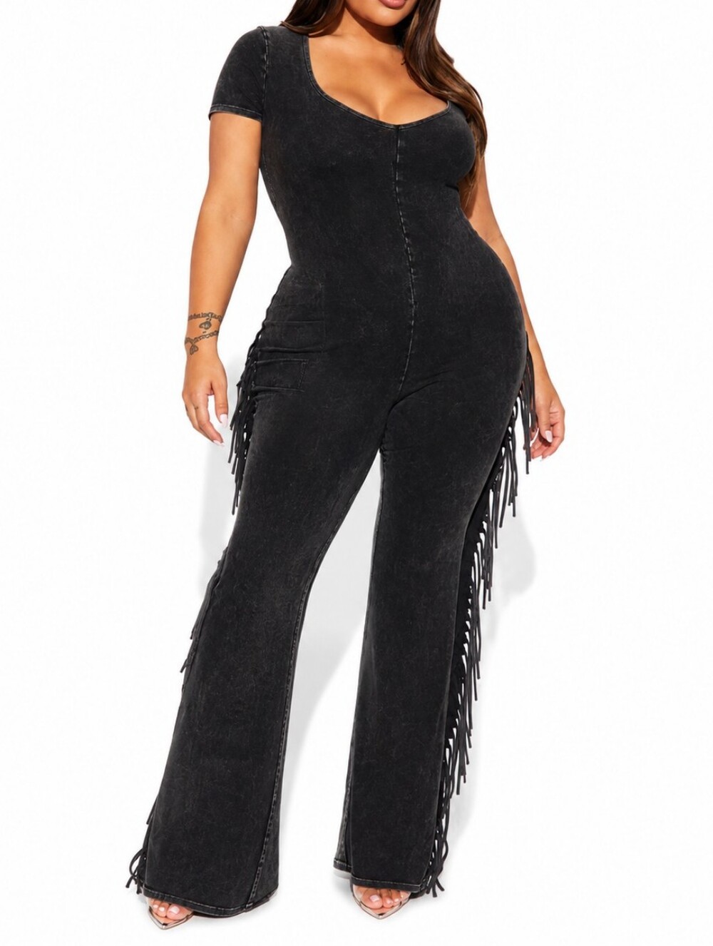 Flare Fringe Jumpsuit Black Short-Sleeve WOMENS LARGE - Picture 3 of 5